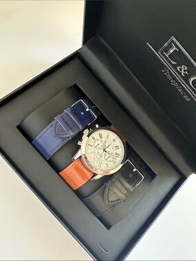 L & Co. Timepieces, Men's Black Watch Gift Box, featuring 3 band options